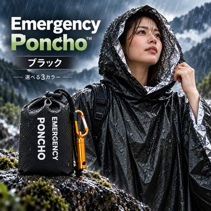 Emergency Poncho™｜災害・避難・非常時の雨・風・寒さから身を守る、防水・防寒・保温対応の緊急用レインポンチョ。日常使いにも便利で、コンパクト＆軽量だから持ち運びやすく、いつでもどこでも携帯できます. !