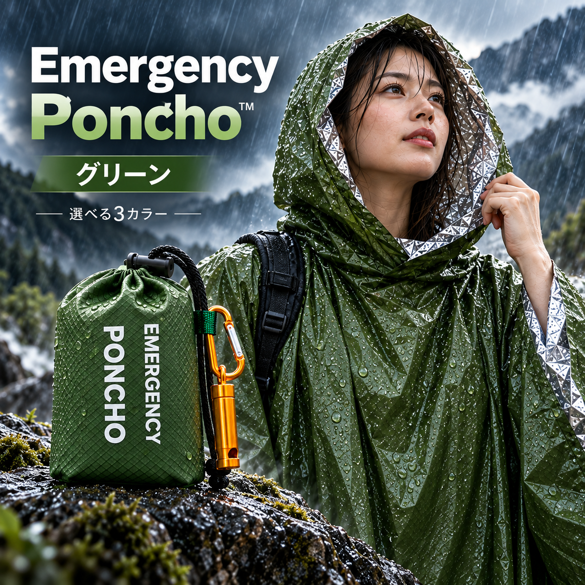 Emergency Poncho™｜災害・避難・非常時の雨・風・寒さから身を守る、防水・防寒・保温対応の緊急用レインポンチョ。日常使いにも便利で、コンパクト＆軽量だから持ち運びやすく、いつでもどこでも携帯できます. !