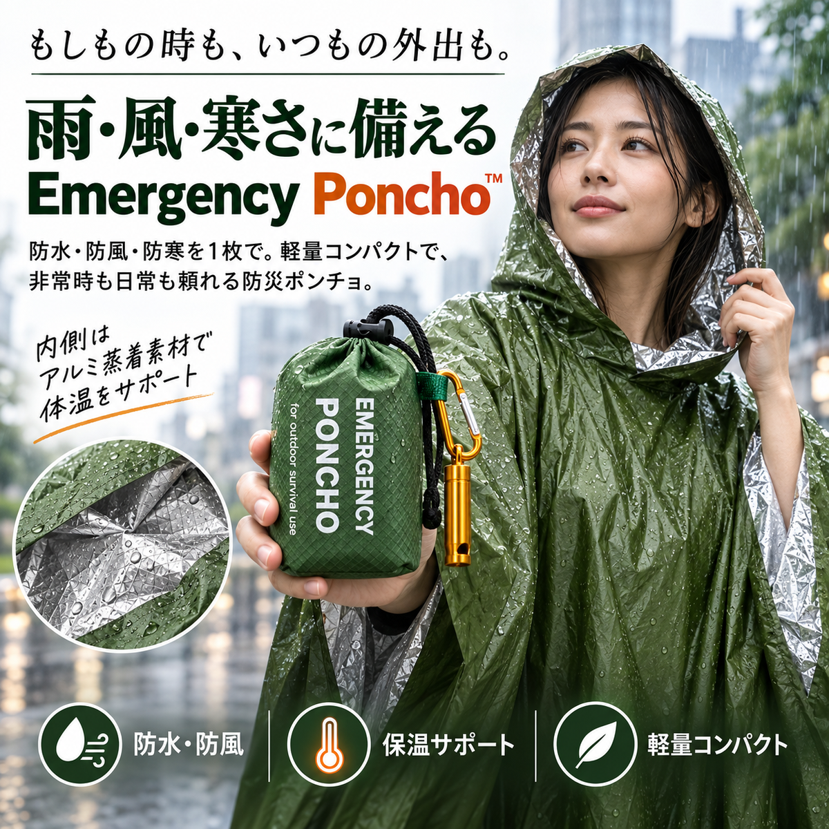 Emergency Poncho™｜災害・避難・非常時の雨・風・寒さから身を守る、防水・防寒・保温対応の緊急用レインポンチョ。日常使いにも便利で、コンパクト＆軽量だから持ち運びやすく、いつでもどこでも携帯できます. !