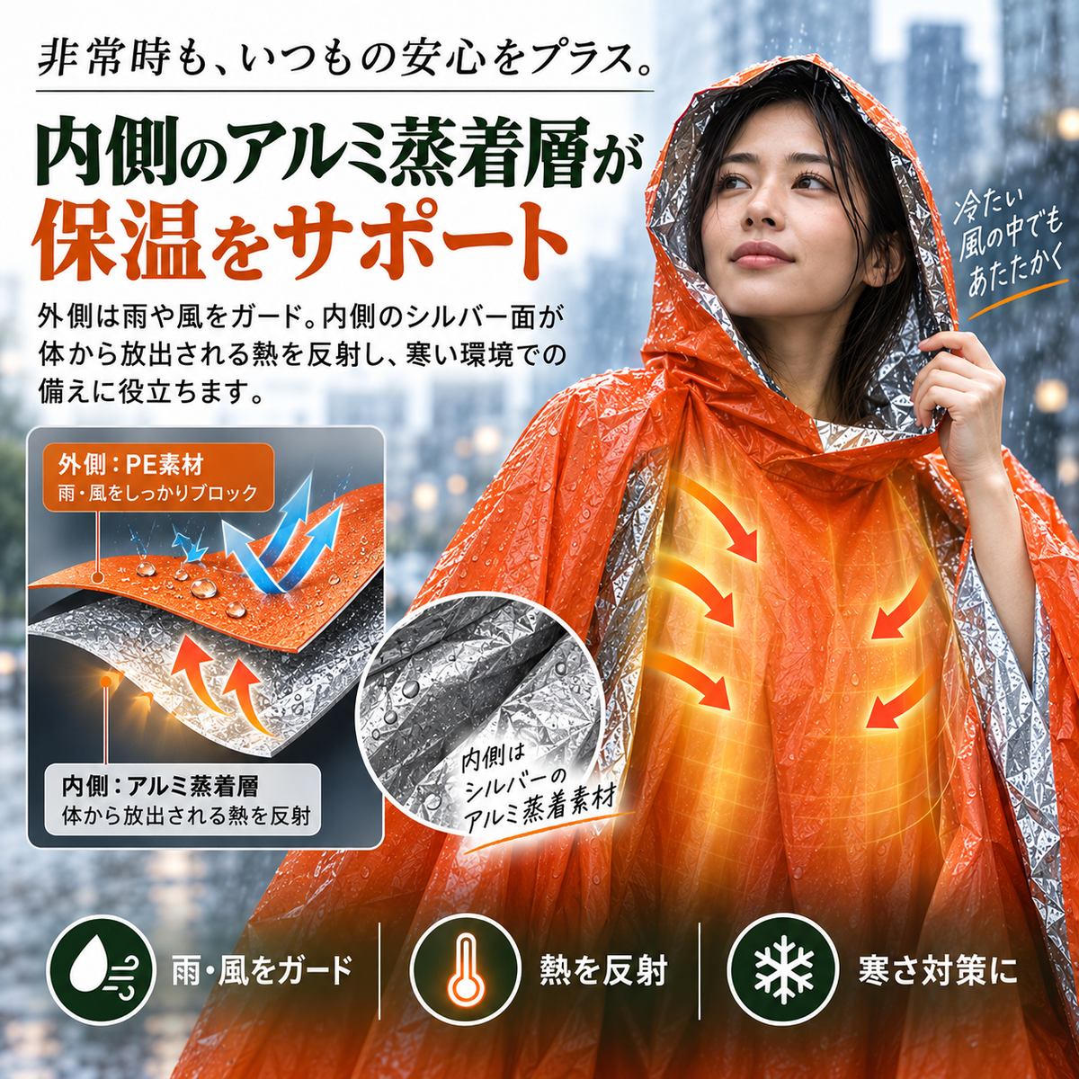 Emergency Poncho™｜災害・避難・非常時の雨・風・寒さから身を守る、防水・防寒・保温対応の緊急用レインポンチョ。日常使いにも便利で、コンパクト＆軽量だから持ち運びやすく、いつでもどこでも携帯できます. !