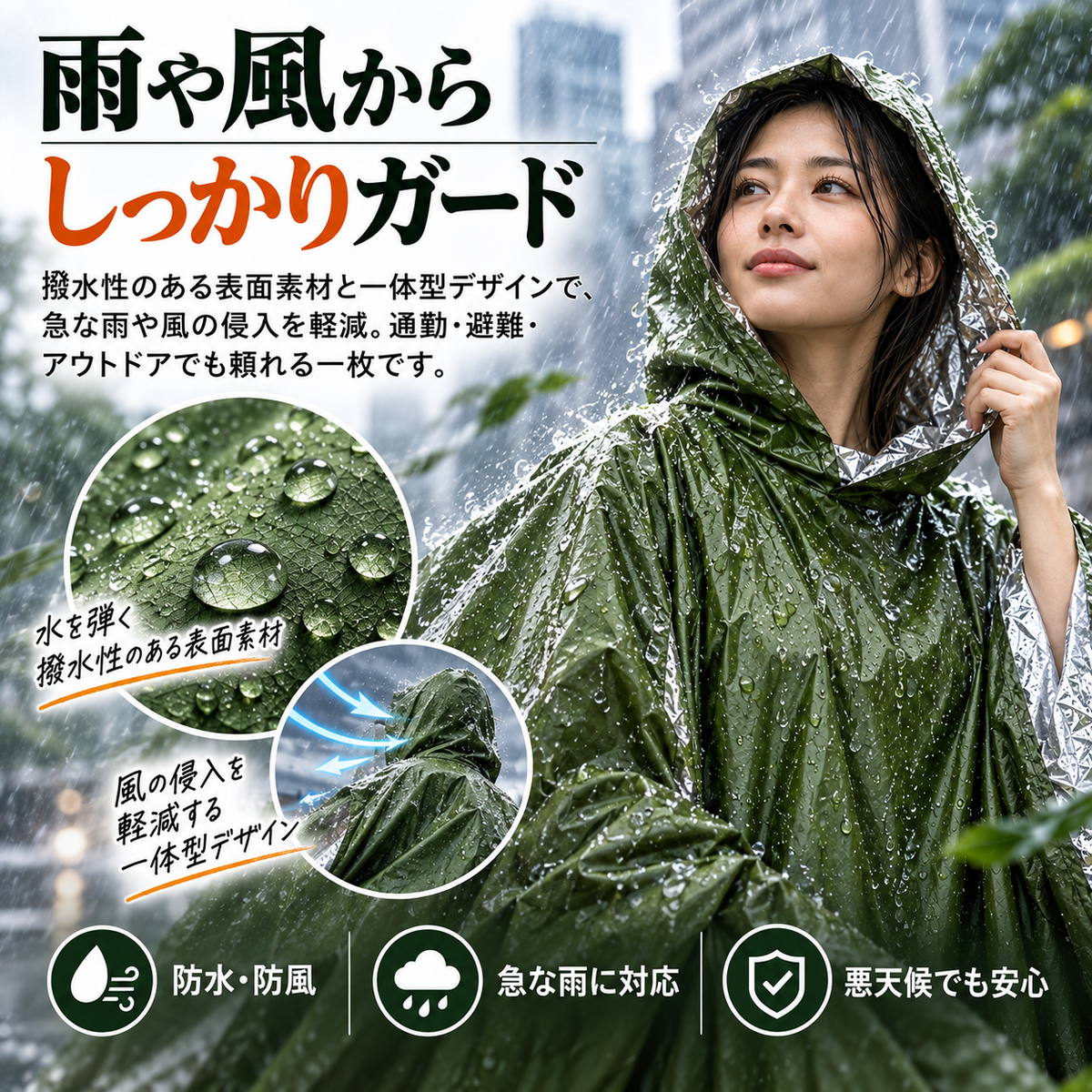Emergency Poncho™｜災害・避難・非常時の雨・風・寒さから身を守る、防水・防寒・保温対応の緊急用レインポンチョ。日常使いにも便利で、コンパクト＆軽量だから持ち運びやすく、いつでもどこでも携帯できます. !