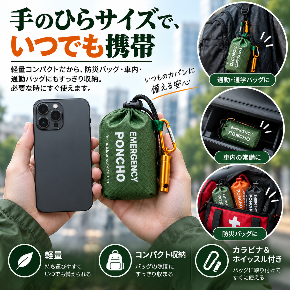 Emergency Poncho™｜災害・避難・非常時の雨・風・寒さから身を守る、防水・防寒・保温対応の緊急用レインポンチョ。日常使いにも便利で、コンパクト＆軽量だから持ち運びやすく、いつでもどこでも携帯できます. !