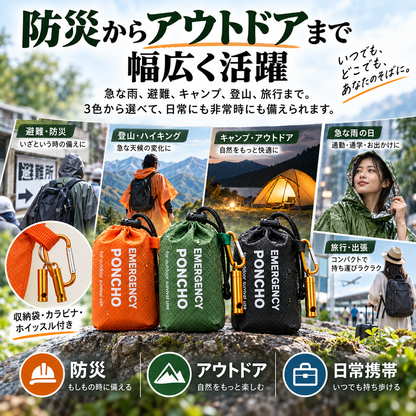 Emergency Poncho™｜災害・避難・非常時の雨・風・寒さから身を守る、防水・防寒・保温対応の緊急用レインポンチョ。日常使いにも便利で、コンパクト＆軽量だから持ち運びやすく、いつでもどこでも携帯できます. !